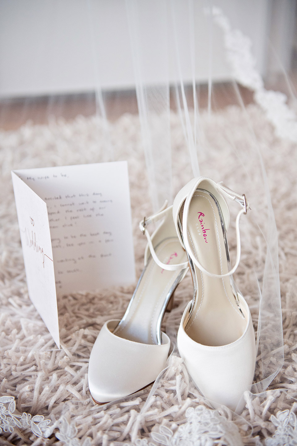 wedding shoes under vail with a wedding card from husband to be