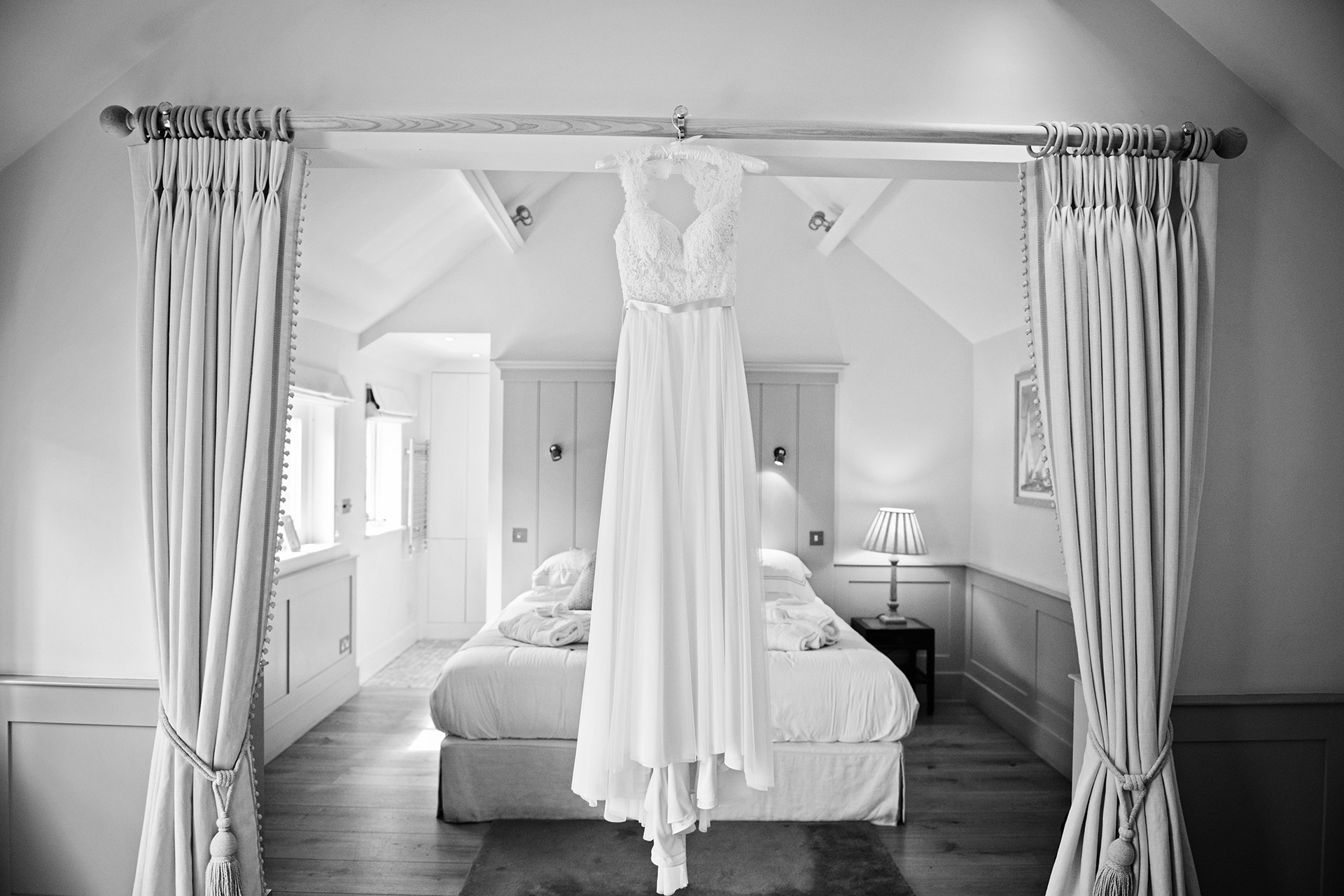 wedding dress, four poster bed, bridal suite 