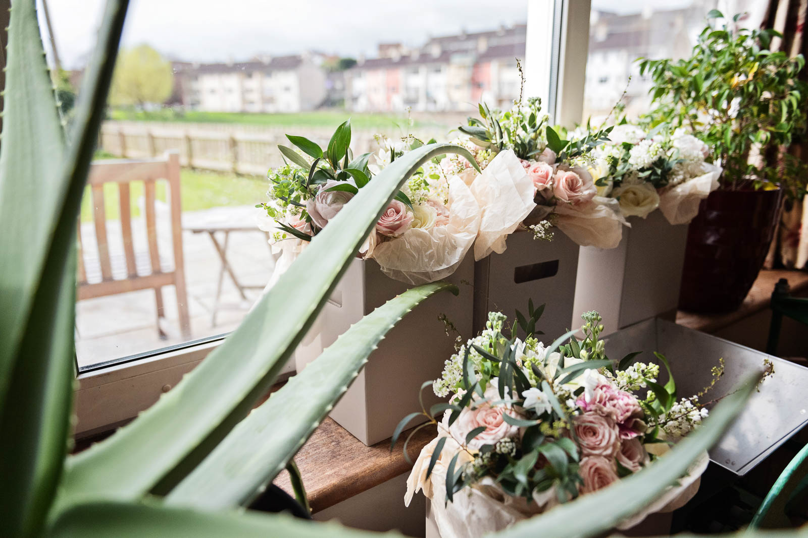 Gorgeous wedding flowers in a bay window, surrounded by home succulent plants