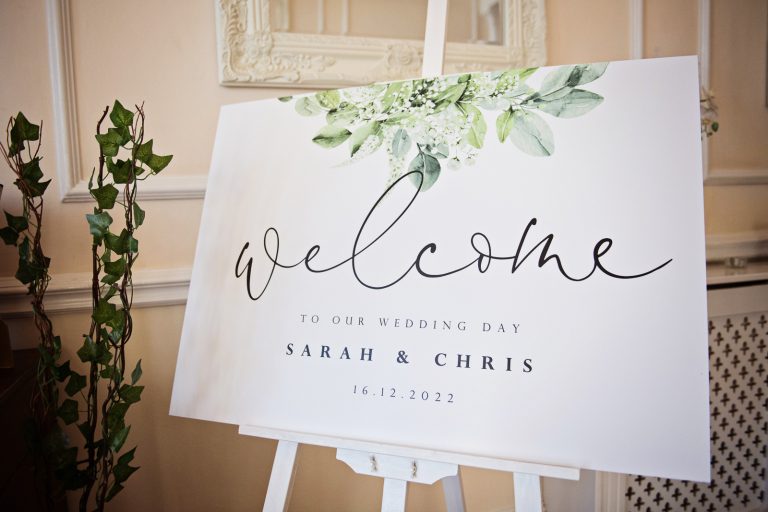 A welcome to the wedding board to Eastington Park Winter Wedding