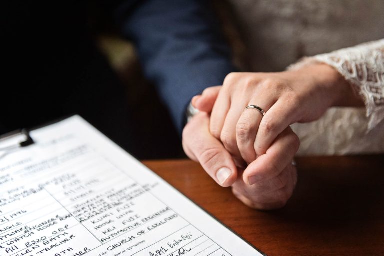 Wedding rings and hands.