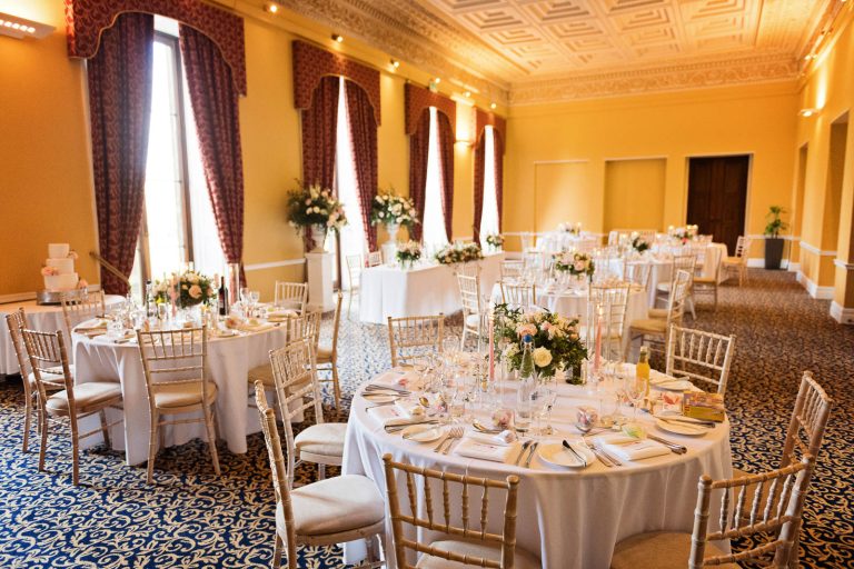 Leigh Court's library for a wedding breakfast. Candid photograph by Blooming Photography.