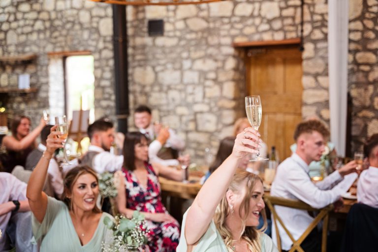 guests raising their drinks in the air to toast the end of the speeches