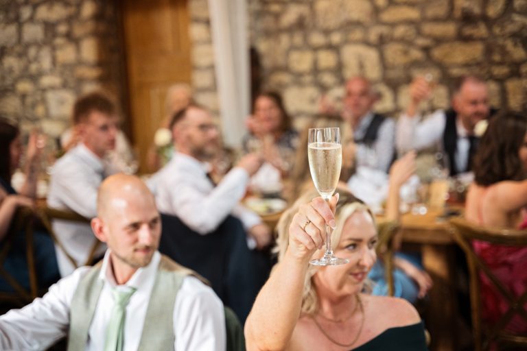 guests raising their drinks in the air to toast a wedding speech