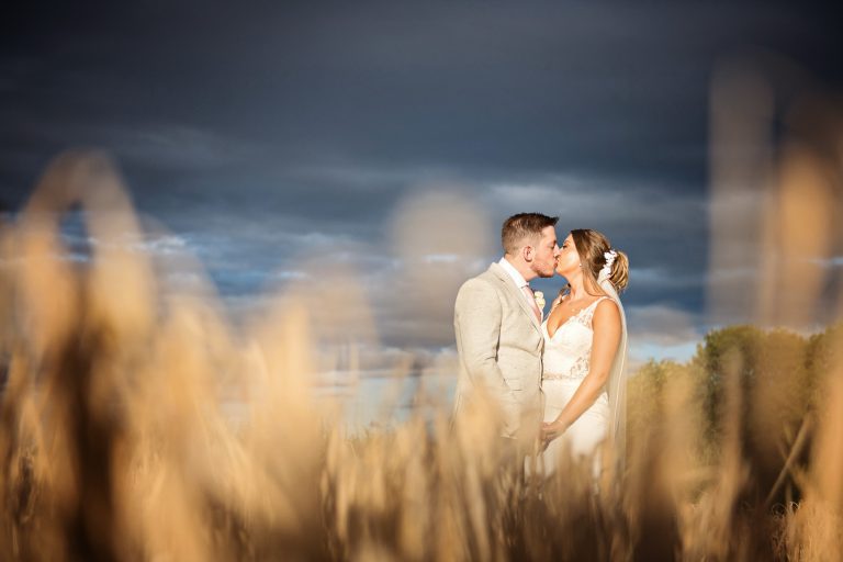 A striking image of a bride and groom kissing in a wheat field during golden hour.