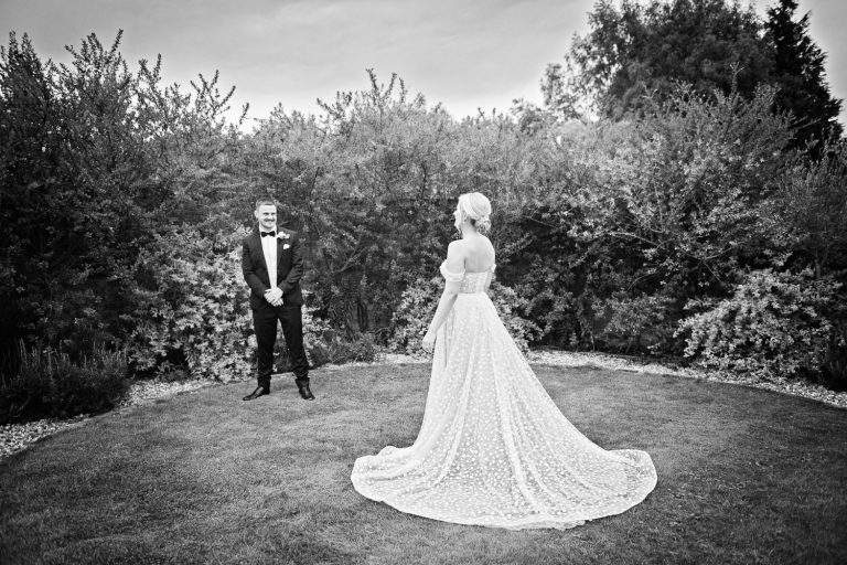 B&W classic photo of bride and groom