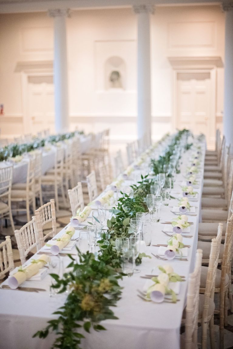 Wedding breakfast set up using long tables at Compton Verney