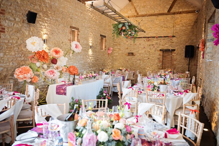 Wedding breakfast table set up at Huntsmill Farm.