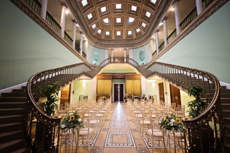 Interior shot of Leigh Court for a wedding ceremony set up. Showing the beautiful ornate stairs.