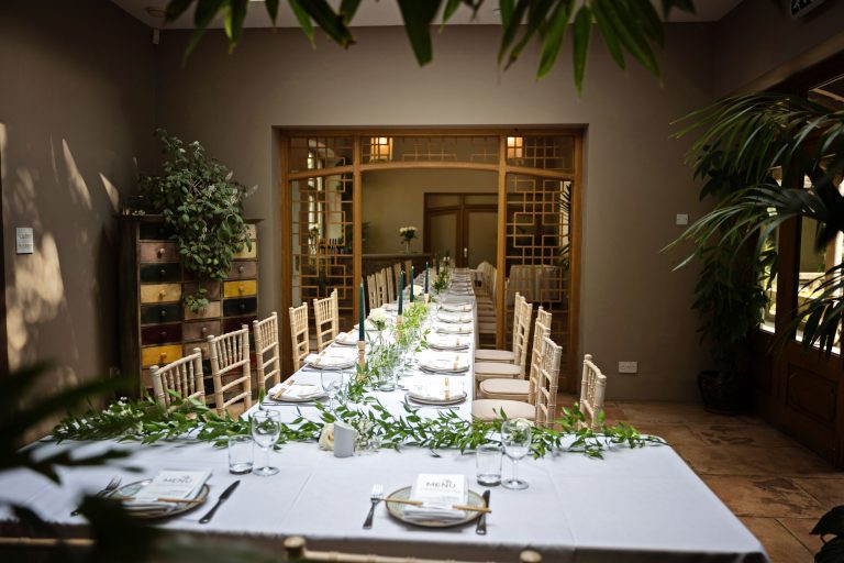 Wedding breakfast table set up at Matara. Beautiful light pockets hit the breakfast table.