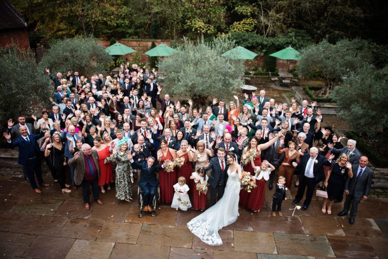 Whole Wedding party (group photo) at Shustoke Barn
