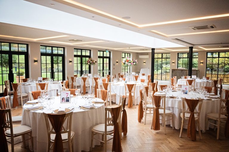 Overview of the wedding breakfast set up at The Pear Tree, Purton.