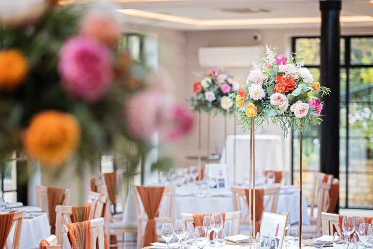 Wedding flowers for the wedding breakfast set up at The Pear Tree, Purton.