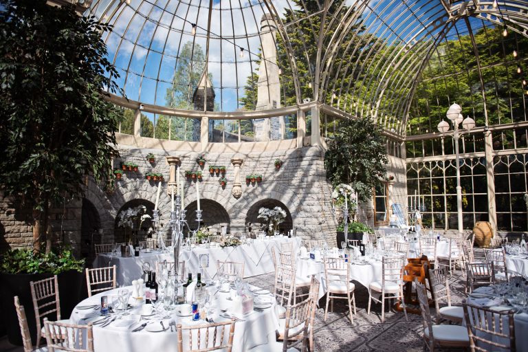 Wedding breakfast set up at the Orangery at Tortworth Court.