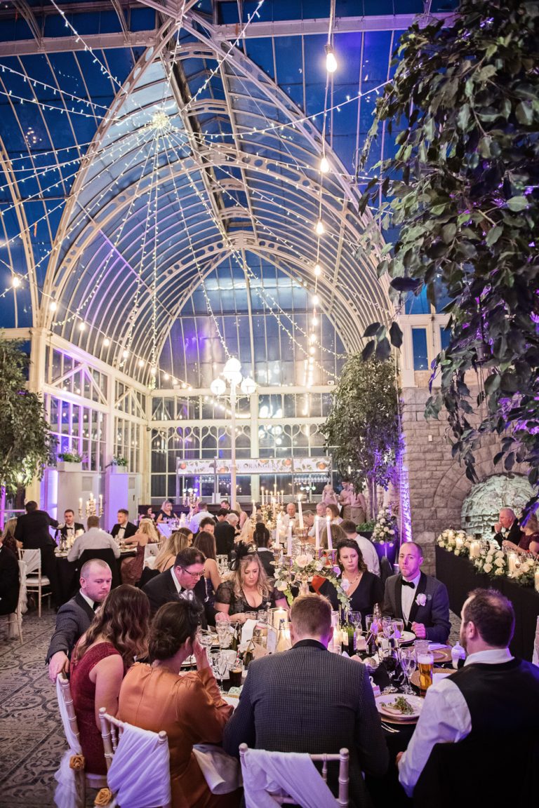 Atmospheric evening time shot of the Orangery lit up.