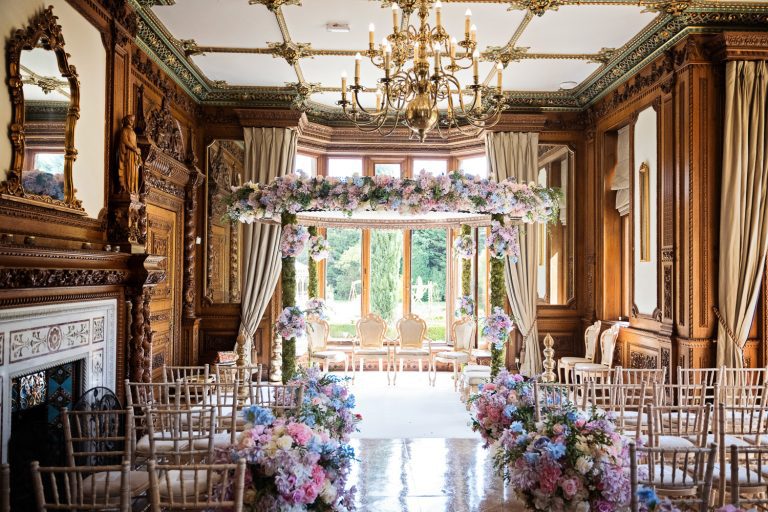 Indoor wedding set up at Manor by the Lake. This is a Hindu ceremony, so more flowers!