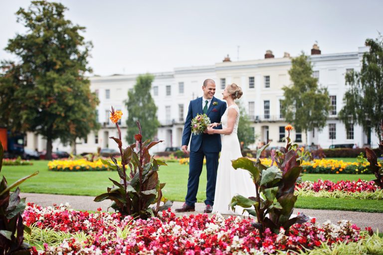Bride and groom in the Imperial Gardens, Cheltenham.