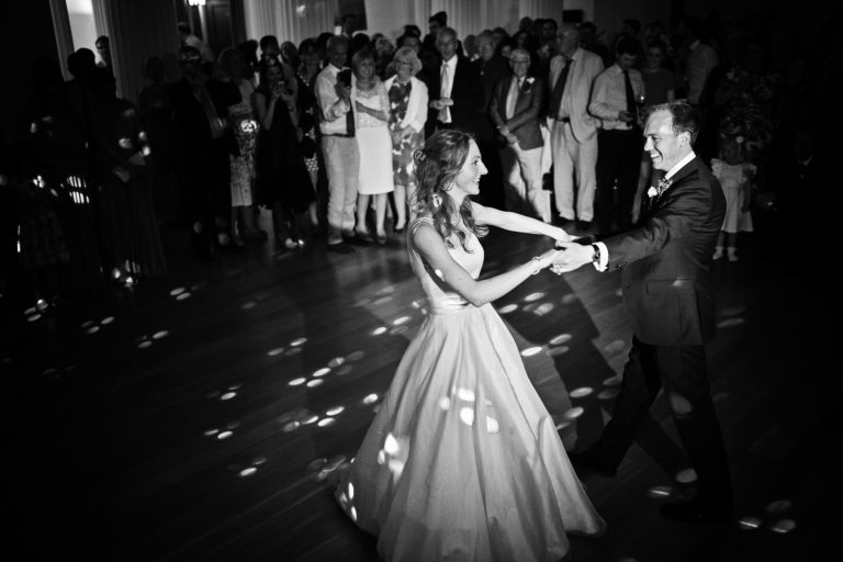B&W photo of Bride and groom doing their 1st dance at Pittville Pump Rooms, Cheltenham