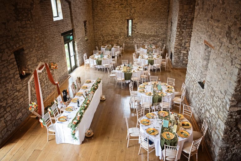 Wedding breakfast set up at Priston Mill..