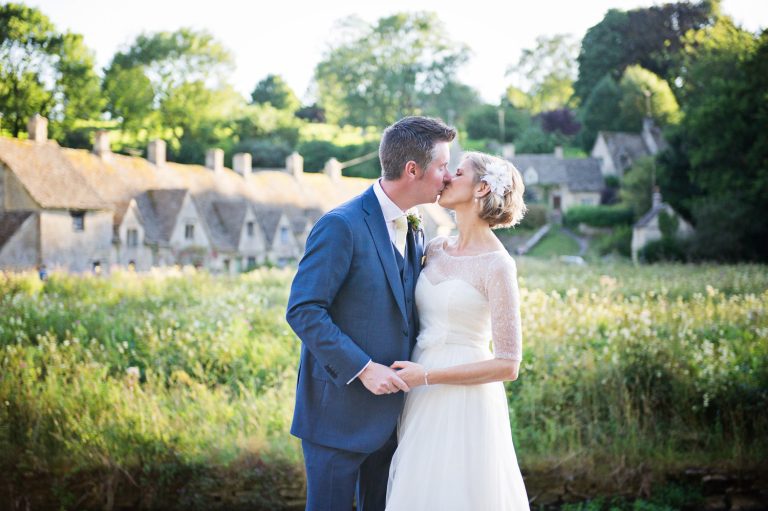 Bride and groom with Arlington Row in the background