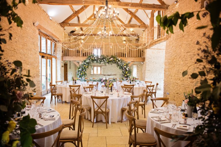 Wedding breakfast at Kingscote Barn.