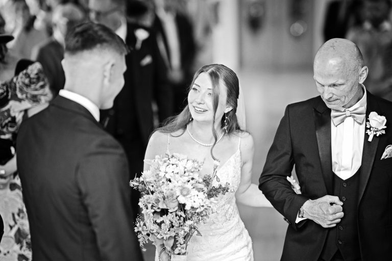 Bride see's her husband for the first time during their wedding ceremony.